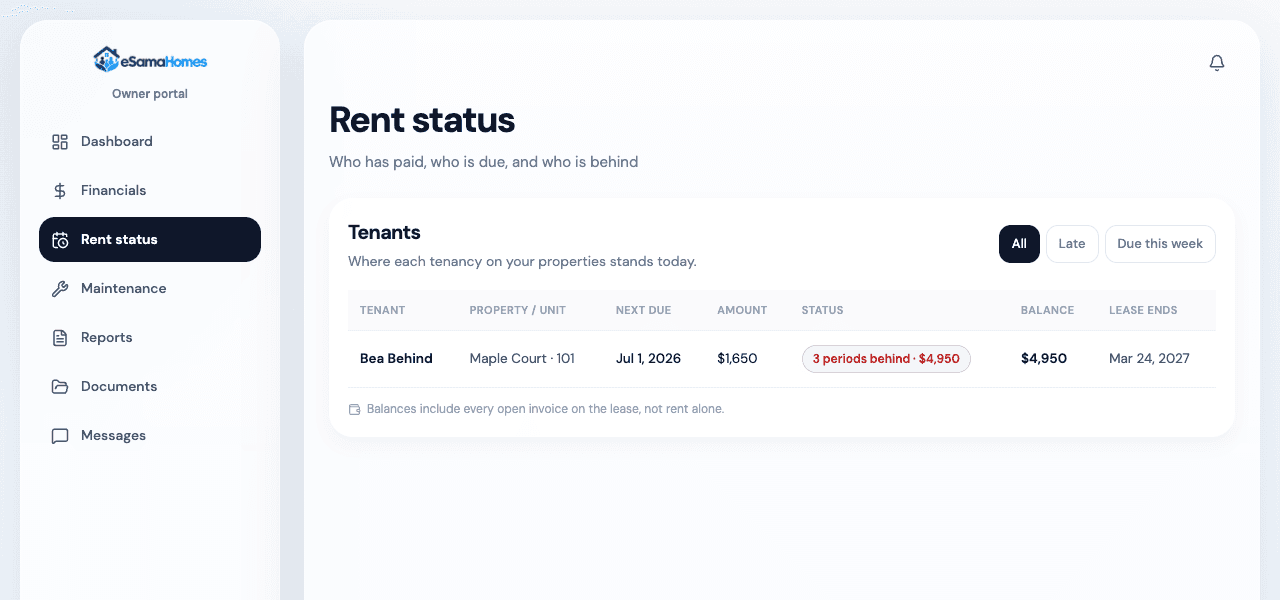 An owner’s rent page in the owner portal
