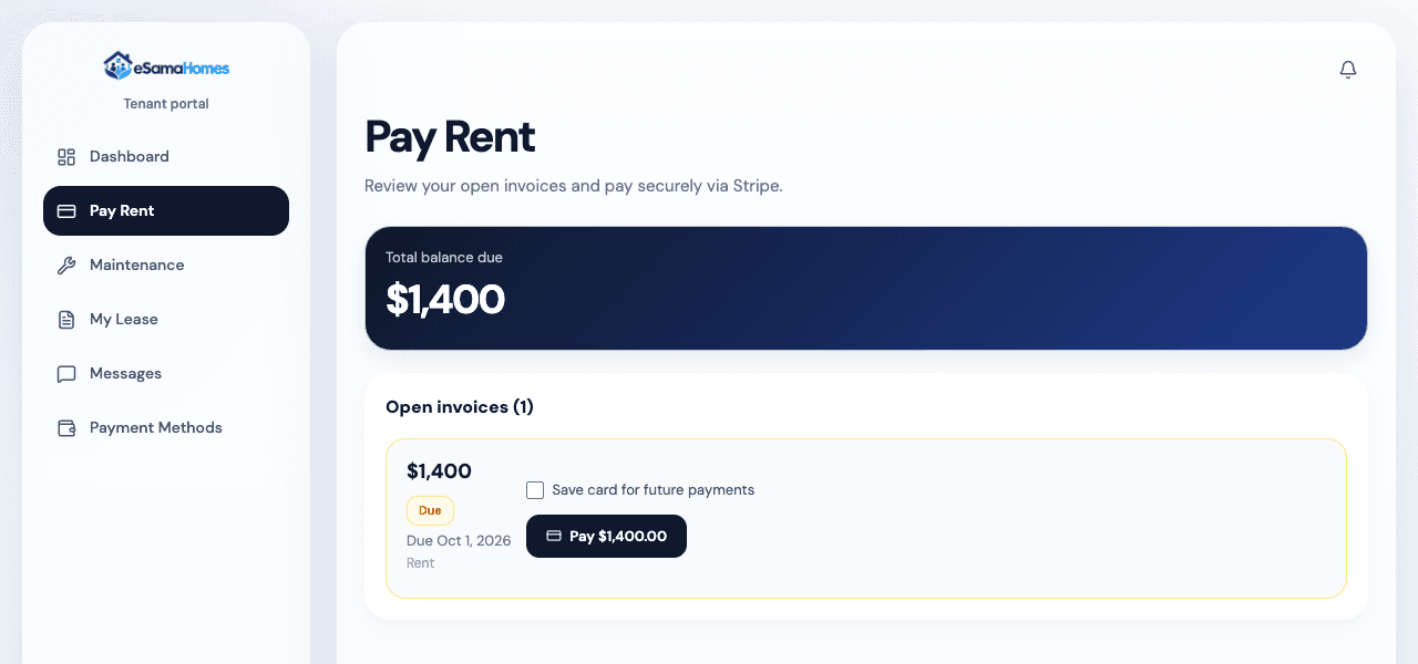 A tenant’s rent page in the tenant portal
